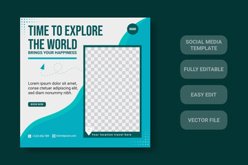 Travel social media post template design, perfect for online web banner, advertising, etc.