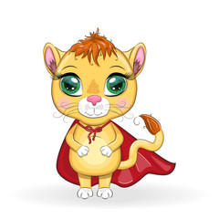 Cartoon lion boy in red super hero cloak with beautiful eyes