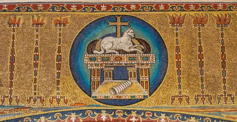 Tuinposter ROME, ITALY - AUGUST 30, 2021: The ancient christian mosaic of Lamb of God on the Book of Revelation in the church  Basilica dei Sancti Cosma e Damiano from 7 cent.. © Renáta Sedmáková