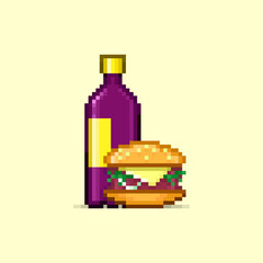 colorful simple vector pixel art illustration of cartoon burger and bottle of drink on beige background