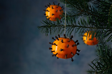 Tangerines with cloves as coronavirus omicron variant symbol hanging on a fir tree as Christmas decoration, holiday with covid-19 pandemic, dark background, copy space, selected focus