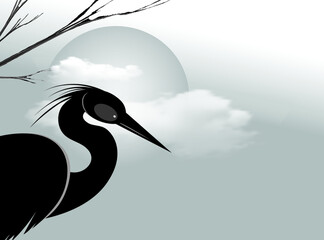A heron silhouette against the backdrop of a sky with clouds and a large circle of the sun. Vector drawing. 