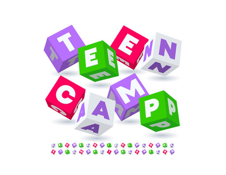 Vector colorful Emblem Teen Camp. Bright Unique Font. Creative Cubic Alphabet Letters and Numbers set