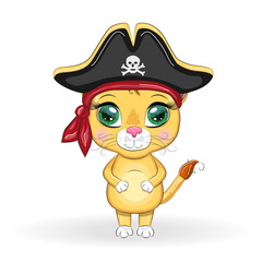 Lion pirate, cartoon character of the game, wild animal cat in a bandana and a cocked hat with a skull, with an eye patch. Character with bright eyes