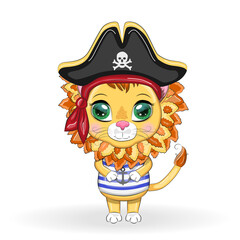 Lion pirate, cartoon character of the game, wild animal cat in a bandana and a cocked hat with a skull, with an eye patch. Character with bright eyes