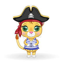 Lion pirate, cartoon character of the game, wild animal cat in a bandana and a cocked hat with a skull, with an eye patch. Character with bright eyes