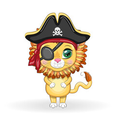 Lion pirate, cartoon character of the game, wild animal cat in a bandana and a cocked hat with a skull, with an eye patch. Character with bright eyes