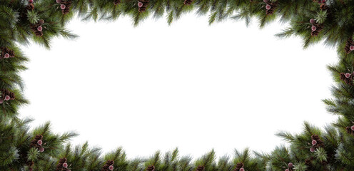 Fototapeta na wymiar Unadorned Christmas pine twigs with cones and red berries form a frame with a copy space in the middle. Postcard, website design concept. Isolated on white background. Banner size