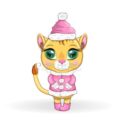 Fototapeta premium Merry Christmas and Happy New year. Funny lion in red hat with gift in cartoon style. Greeting card.