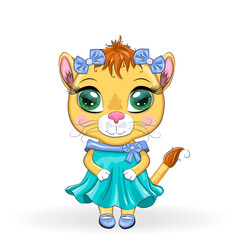 Cartoon lioness in a beautiful dress with bows and flowers. Girl character, wild animal with human traits