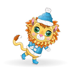 Merry Christmas and Happy New year. Funny lion in red hat with gift in cartoon style. Greeting card.