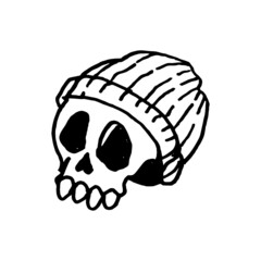 an illustration of a skull with hood for sticker, element design, etc. hand-drawn vector illustration in childlike stroke. the outline cartoon in a simple drawing.