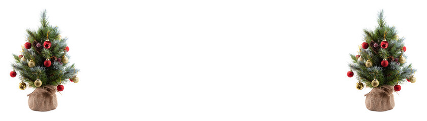 Christmas pine trees in pots wrapped in cloth. Decorated with bright colorful balls, cones, red berries. Tips of pine branches covered with snow. Isolated on white background. Copy space. Banner size