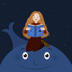 Fototapeta premium cute romantic girl sits on a whale and reads a book. the sky with arches. T-shirt print, book illustrations for children, postcard. Princess girl, young, beautiful, cute, lovely girl in adorable dress