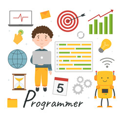 Cute vector alphabet Profession. Letter P - Programmer. Vector illustration