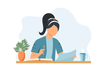 Young woman sitting on the table and reading book and document. Vector flat illustration
