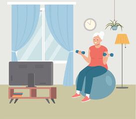 Elderly woman do exercises on fit ball with dumbbells at home. Living room interior. Stay home. Flat style cartoon vector illustration.