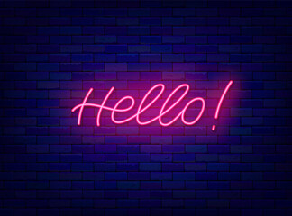 Hello neon lettering. Greeting card. Shiny calligraphy. Glowing quote. Editable stroke. Vector stock illustration © Anastasia Gapeeva