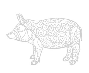Pig on white. Zen art. Zentangle. Hand drawn animal with intricate patterns on isolated background. Design for spiritual relaxation for adults. Black and white illustration for coloring. Print