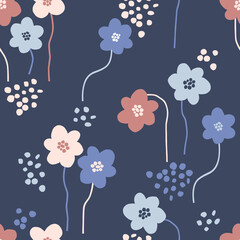 Bloomy spring flowers vector seamless pattern. Boho baby flowering blue background. Decorative floret surface design for nursery and baby textile.