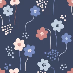 Wall murals Floral pattern Bloomy spring flowers vector seamless pattern. Boho baby flowering blue background. Decorative floret surface design for nursery and baby textile.