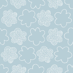 Childish dotted blue flowers on blue vector seamless pattern. Boho baby abstract floral shape background. Decorative blossom surface design for nursery and kids fabric.