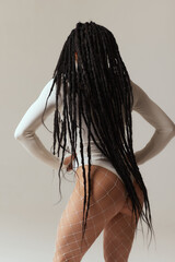 a young woman with afrokos black on white background.