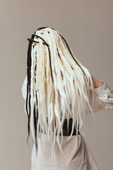 a young woman with afrokos black on white background.