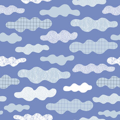 Whimsical clouds in clear blue sky vector seamless pattern. Childish cloudy skies background. Scandinavian decorative surface design for nursery and kids fabric.