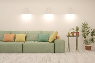 White living room with sofa. Scandinavian interior design. 3D illustration