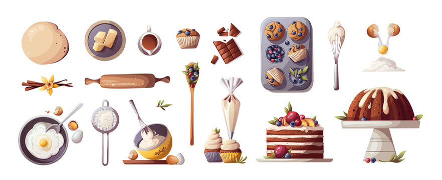 Set of baking elements. Baking, bakery shop, cooking, sweet products, dessert, pastry concept. Isolated Vector illustrations for poster, banner, card, advertising.