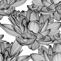 Seamless pattern, background with lotus flower. Botanical illustration style. Black line illustration.