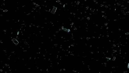 Futuristic sparkling, shimmering methiorite shards fly at high speed through space. 3D. 4K....