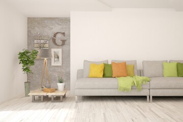 White living room with sofa. Scandinavian interior design. 3D illustration