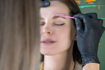 eyebrow lamination procedure styling, correction, coloring and in beauty salon, eye brow care...