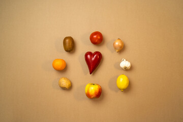 fruit and vegetable in a circle with heart