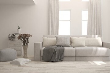 Stylish room in white color with sofa. Scandinavian interior design. 3D illustration
