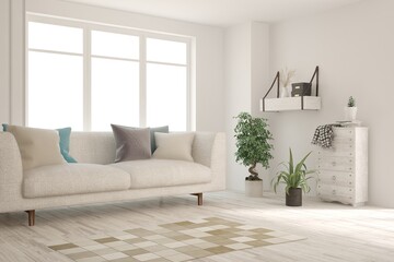 Modern living room in white color with sofa. Scandinavian interior design. 3D illustration