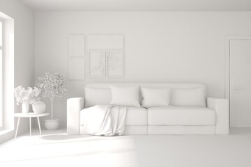 White minimalist living room with sofa. Scandinavian interior design. 3D illustration