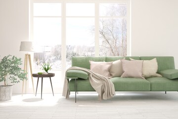 White living room with sofa and winter landscape in window. Scandinavian interior design. 3D illustration