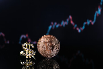 a bitcoin coin lies next to a diamond studded dollar chain pendant