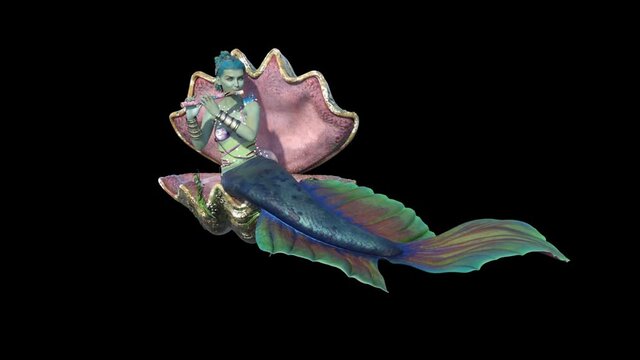 beautiful mermaid plays the pipe , animation , transparent background
