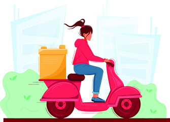 
courier girl on motorbike delivers order in yellow thermobag. Concept for delivery service in city. Vector illustration in cartoon style