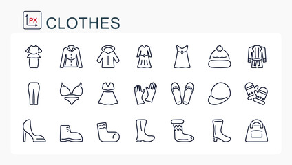 A set of vector illustrations, icons from a thin line of clothes and underwear, shoes. Isolated, editable.
