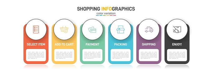 Concept of shopping process with 6 successive steps. Six colorful graphic elements. Timeline design for brochure, presentation, web site. Infographic design layout.