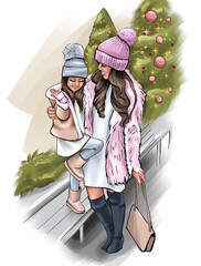 Mother and daughter on the background of a Christmas tree. A woman and a girl in winter clothes. Christmas Sketch