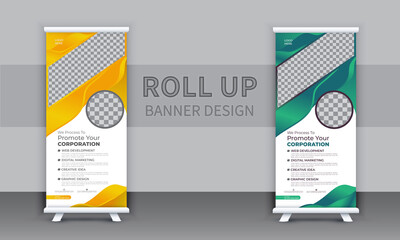 Corporate Roll-up banner stands template design, business concept. Graphic template roll-up for exhibitions, advertisement, pull-up design, display, modern x-banner.