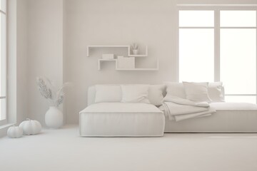 Mock up of minimalist living room in white color with sofa. Scandinavian interior design. 3D illustration