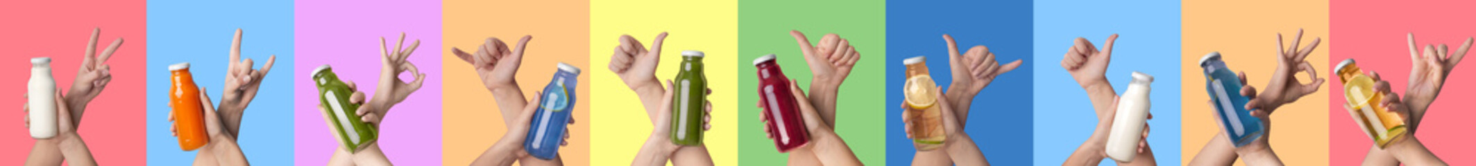 Fototapeta Hands with fresh detox juices and cocktails on colorful backgrounds obraz