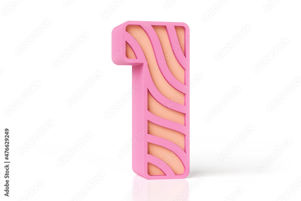 Poster 3D font made of plasticine wavy shapes. Pink and peachy color scheme isometric style number 1. High resolution 3D rendering.